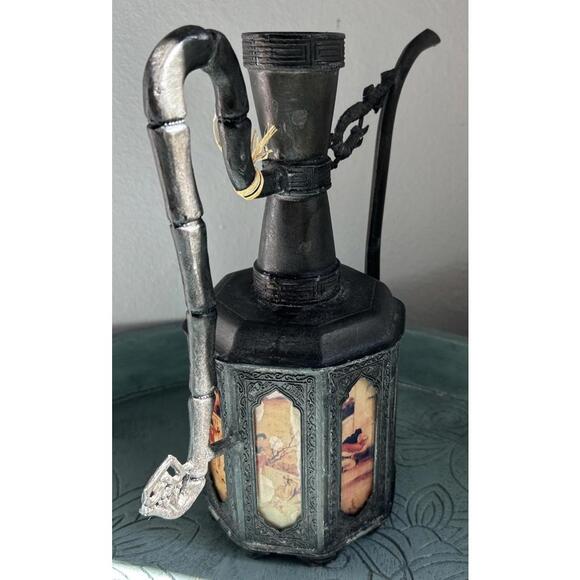 Antique Chinese 1910 Swatow Pewter 8 Panel Reverse Painted Glass Teapot, NO LID - Picture 3 of 13